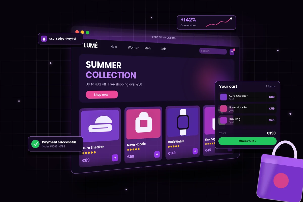 Template dyqani online LUMÉ me koleksion produktesh, shportë dhe checkout